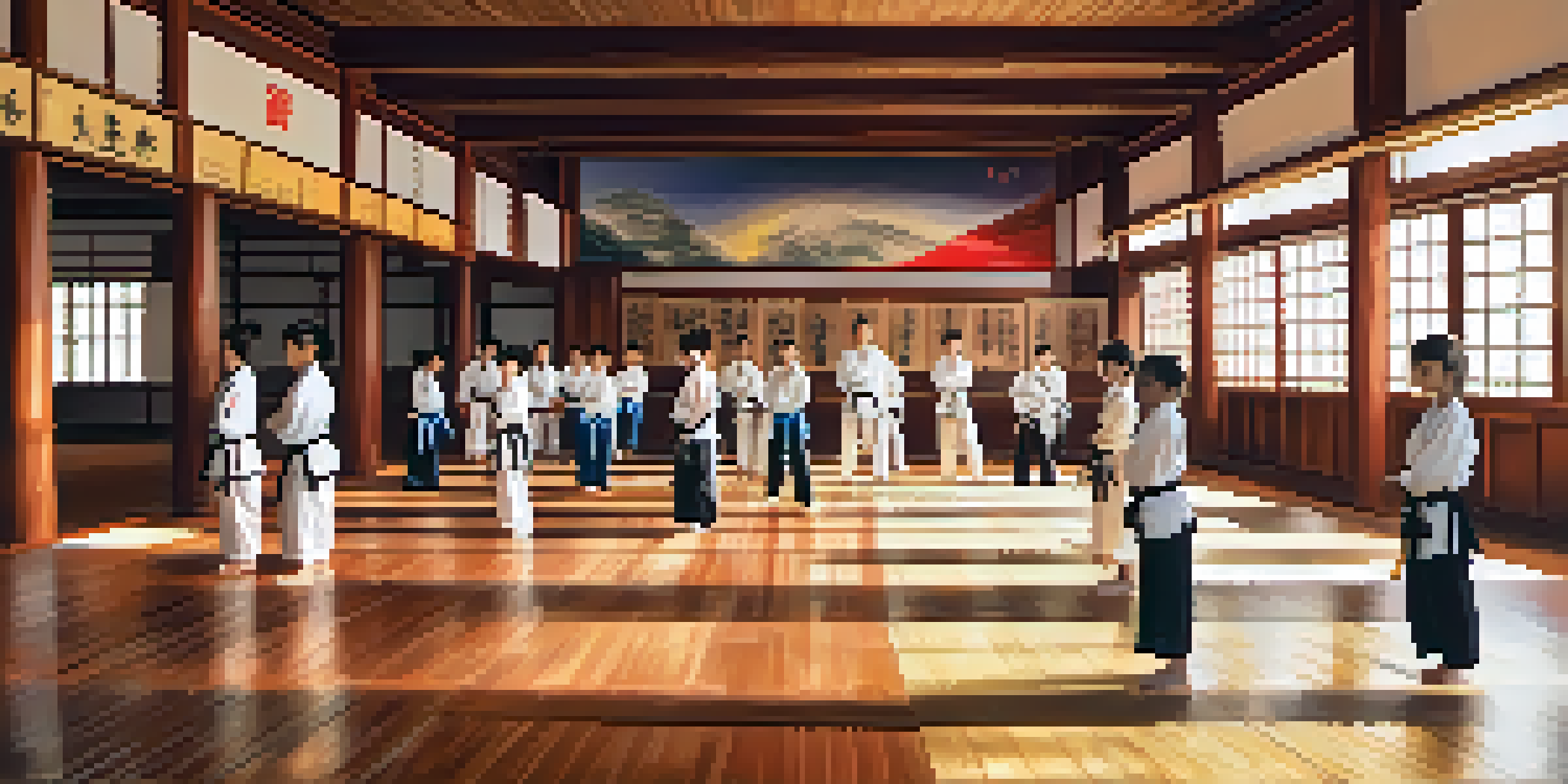 A diverse group of martial arts students practicing in a well-lit dojo, showcasing focus and discipline.