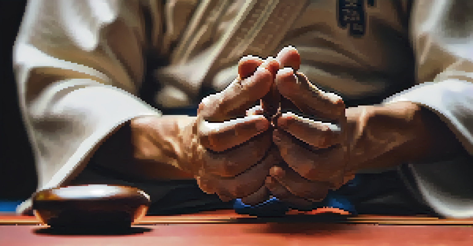 A close-up of a martial artist's hands in a meditative gesture, with a blurred dojo background.