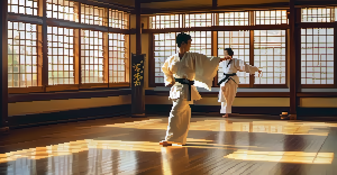 A peaceful dojo with practitioners training, illuminated by golden sunlight, showcasing a polished wooden floor and traditional decorations.