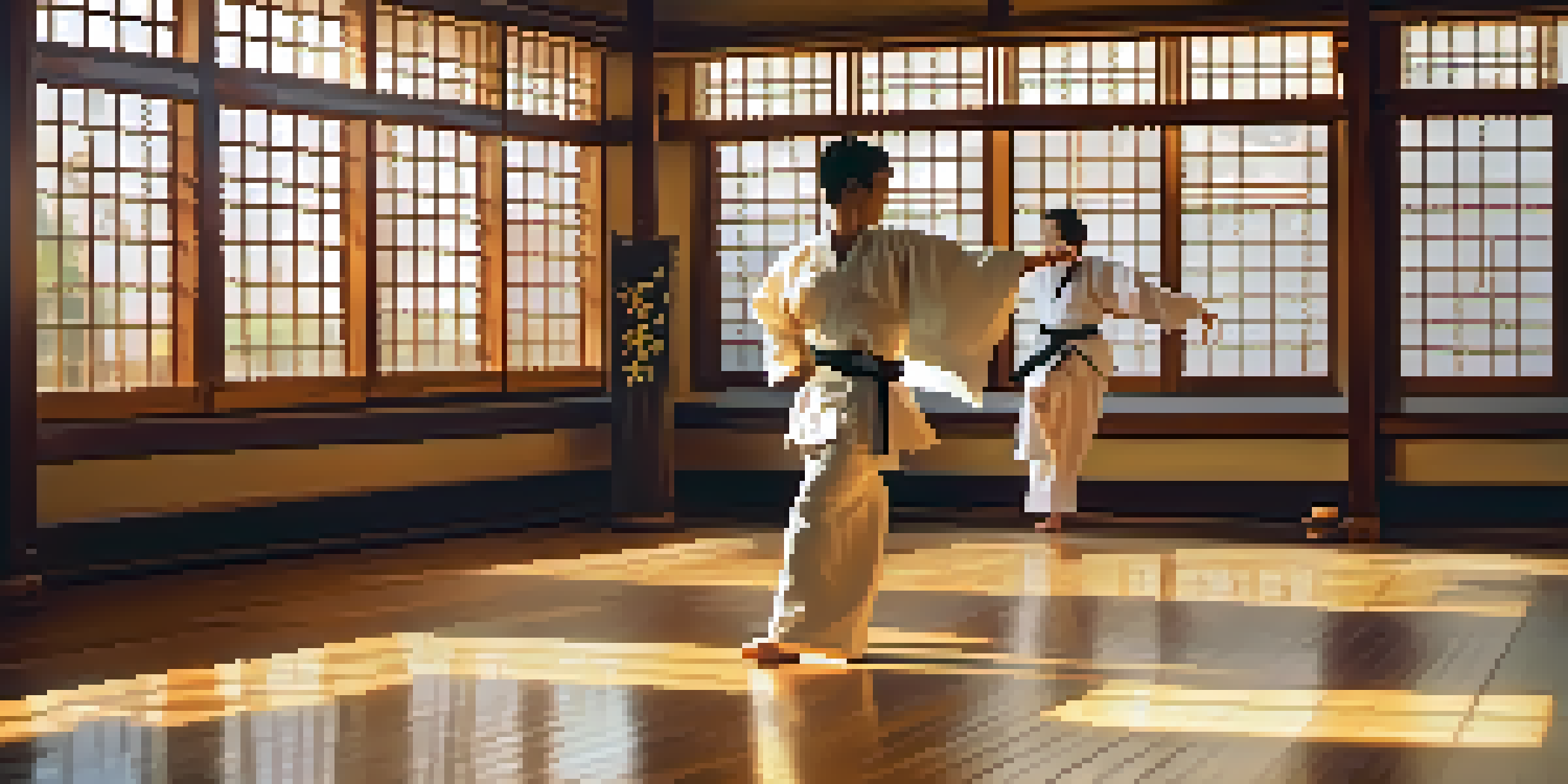 A peaceful dojo with practitioners training, illuminated by golden sunlight, showcasing a polished wooden floor and traditional decorations.