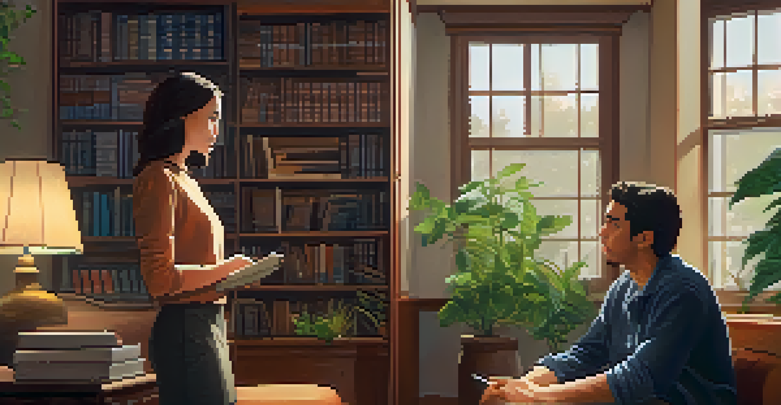 An individual demonstrating assertiveness in a conversation indoors, with confident body language and a listener showing empathy.