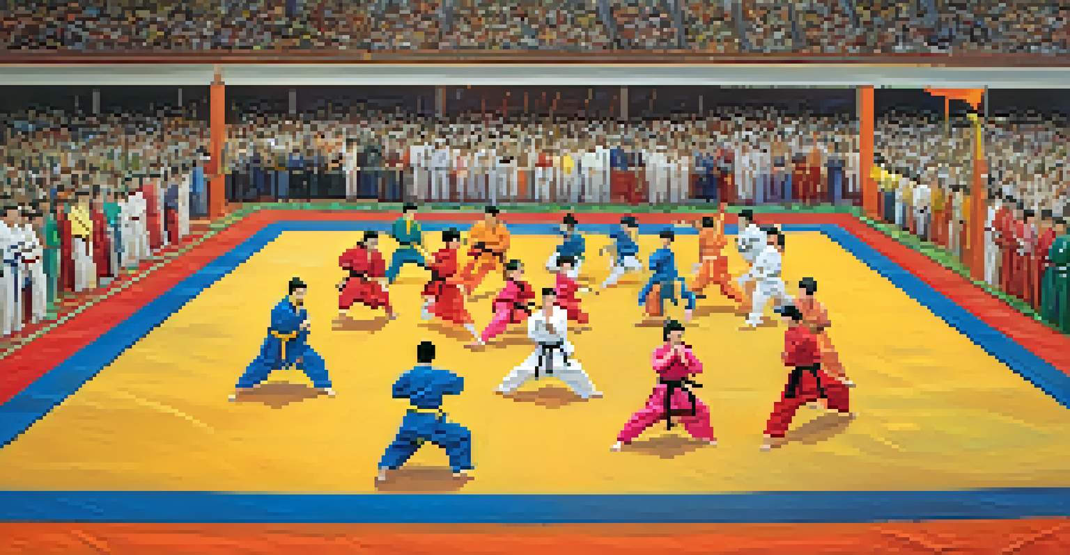 A martial arts tournament featuring participants of various ages competing on colorful mats, with spectators cheering and a festive atmosphere.
