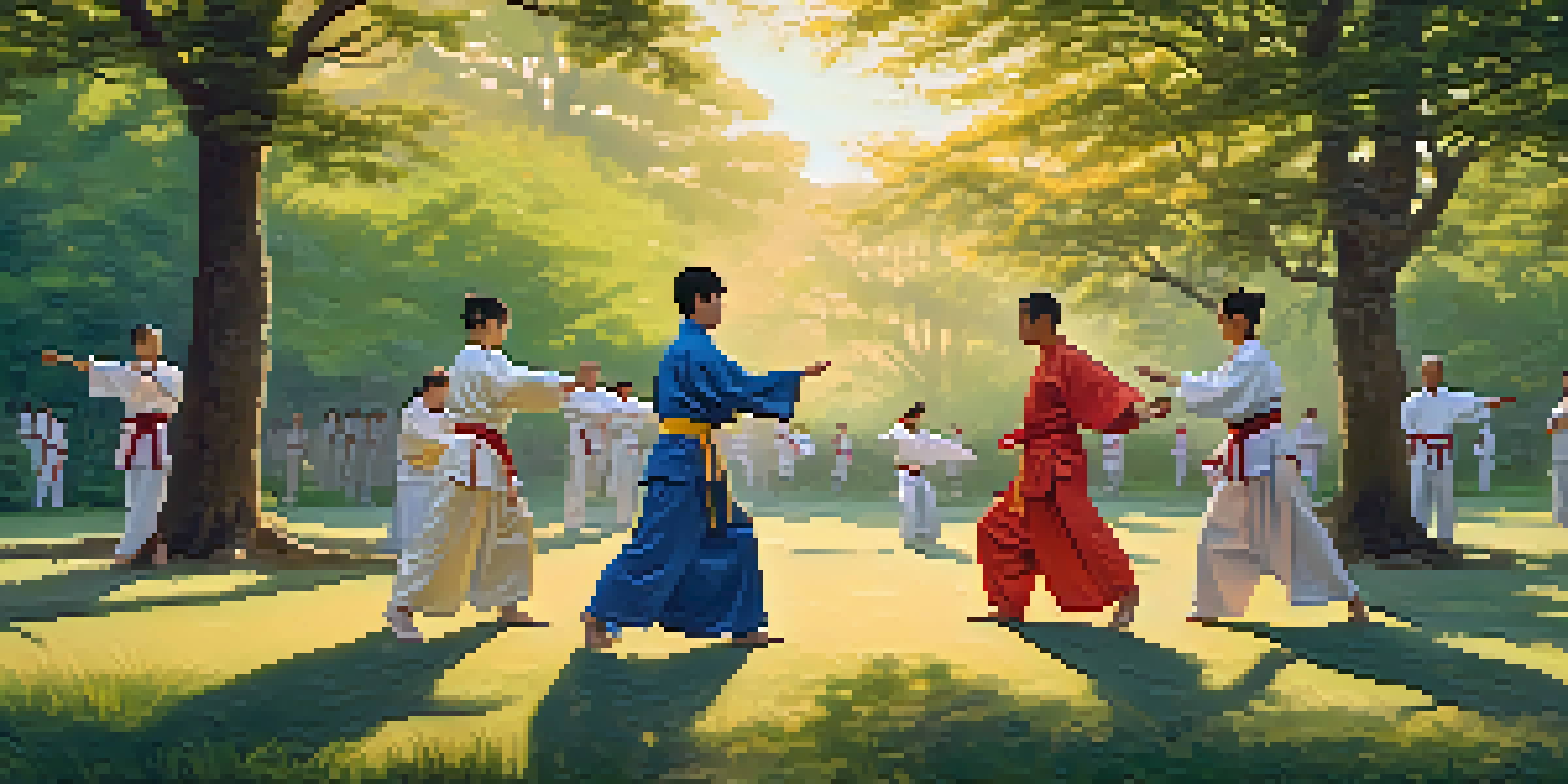 A diverse group practicing Tai Chi in a park at sunrise, surrounded by blooming flowers and dappled sunlight.