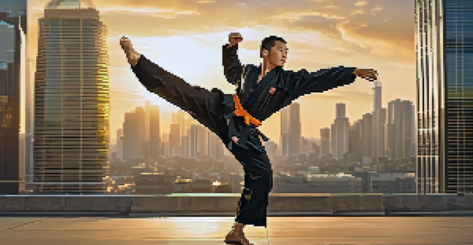A skilled stunt double executing a high-flying kick in a martial arts film set against an urban sunset backdrop.