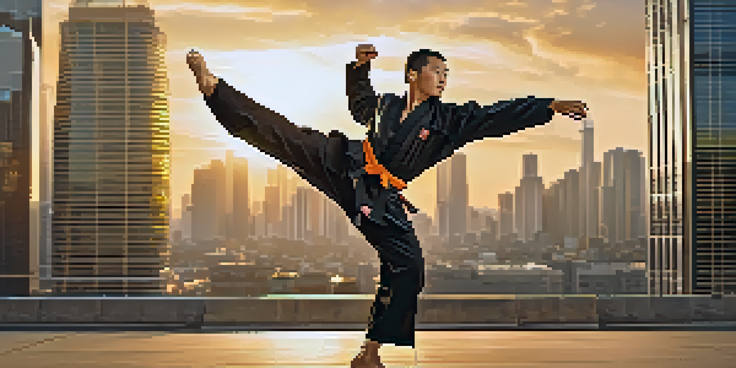 A skilled stunt double executing a high-flying kick in a martial arts film set against an urban sunset backdrop.