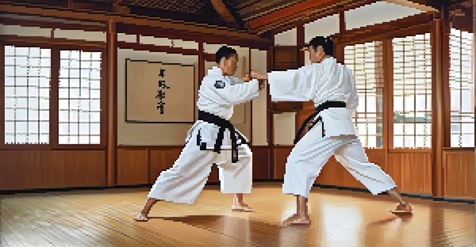 Two martial artists sparring in a dojo, showcasing their techniques with a wooden floor and weapons on the walls.