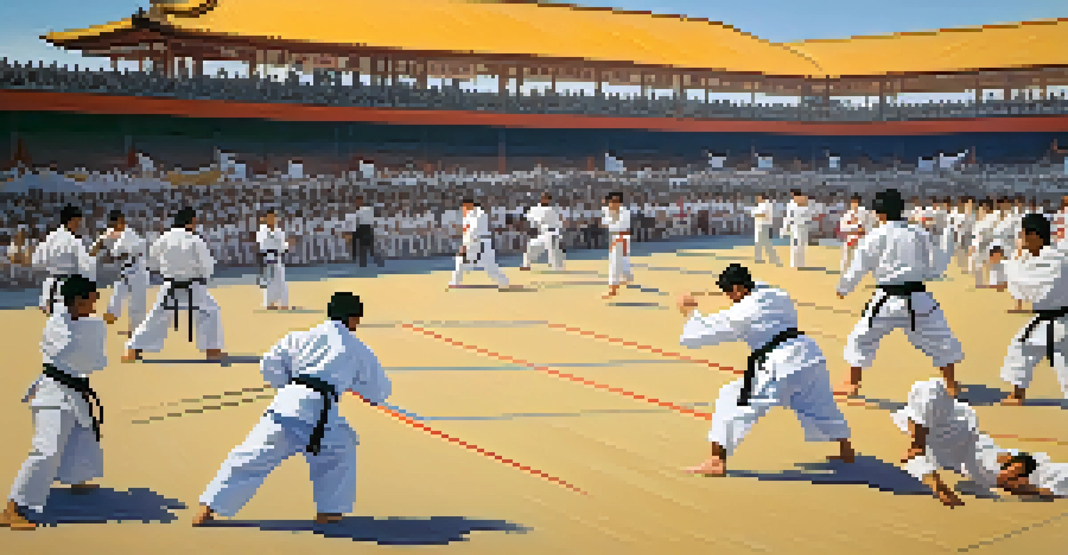 An outdoor martial arts tournament with competitors in different styles and spectators watching under a clear blue sky.