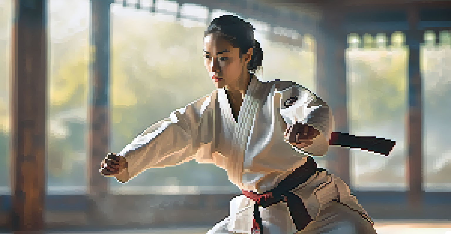A female martial artist in a traditional gi posing in action, showcasing strength and determination in a well-lit dojo.