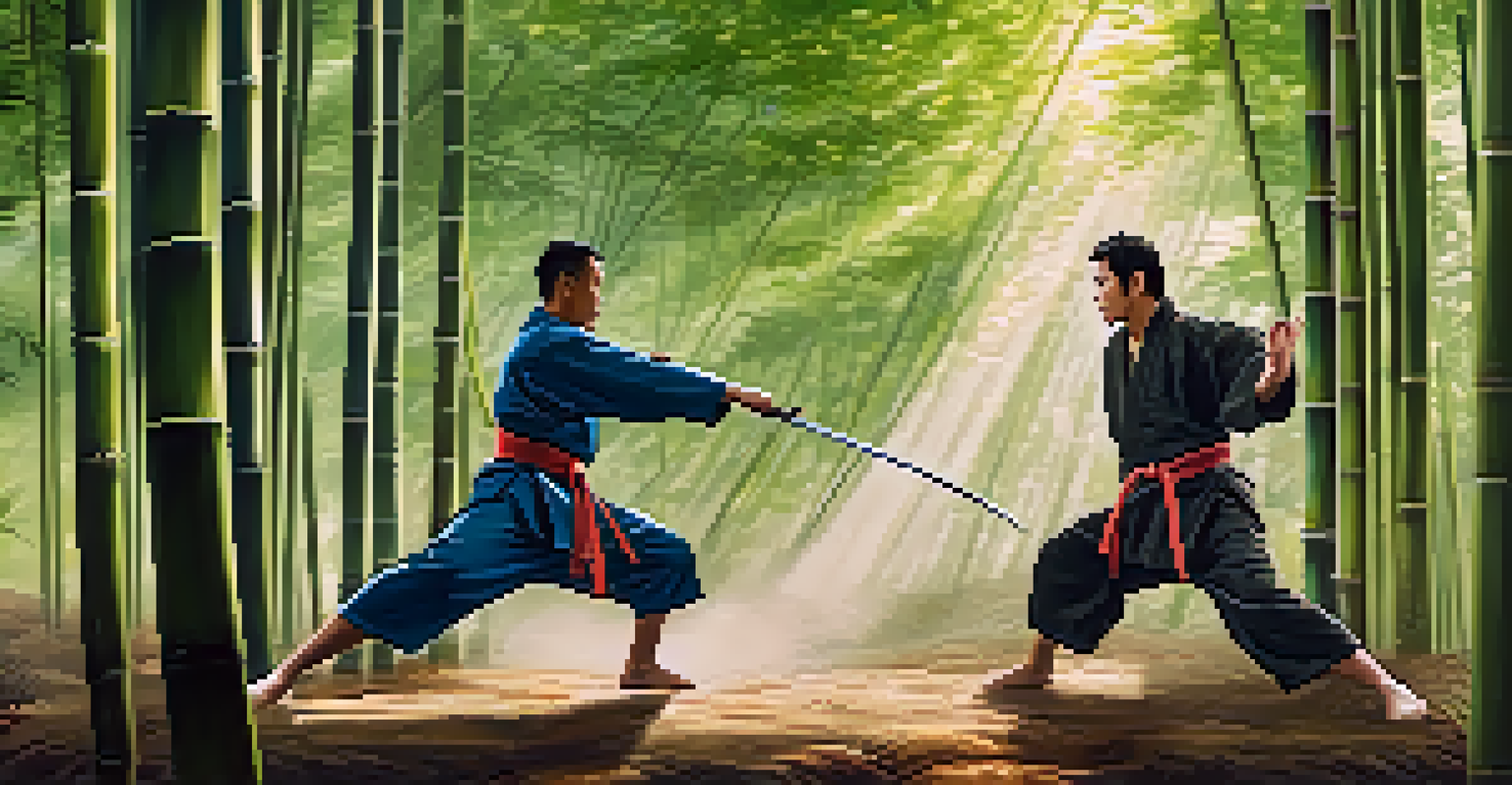 Two male martial artists engaged in a duel in a bamboo forest, with sunlight filtering through the trees.