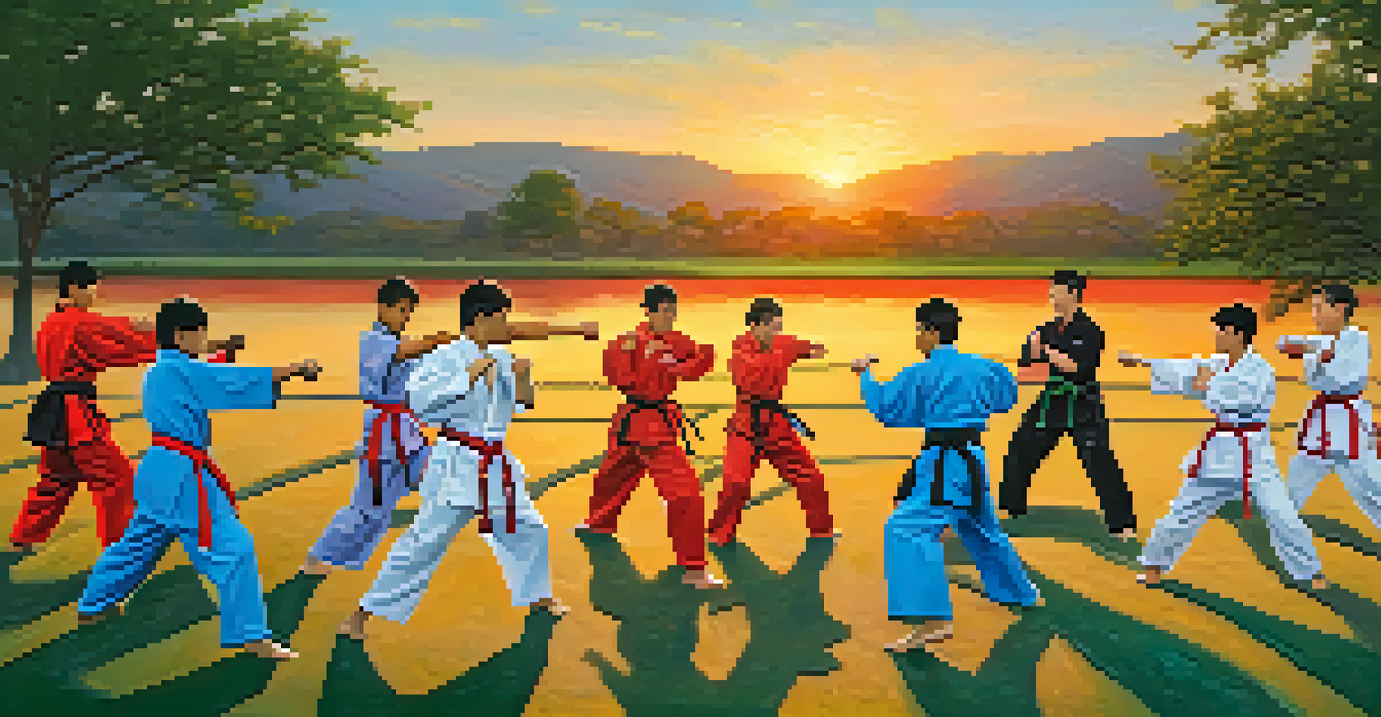A group of young martial artists sparring outdoors at sunset, showcasing teamwork and community.