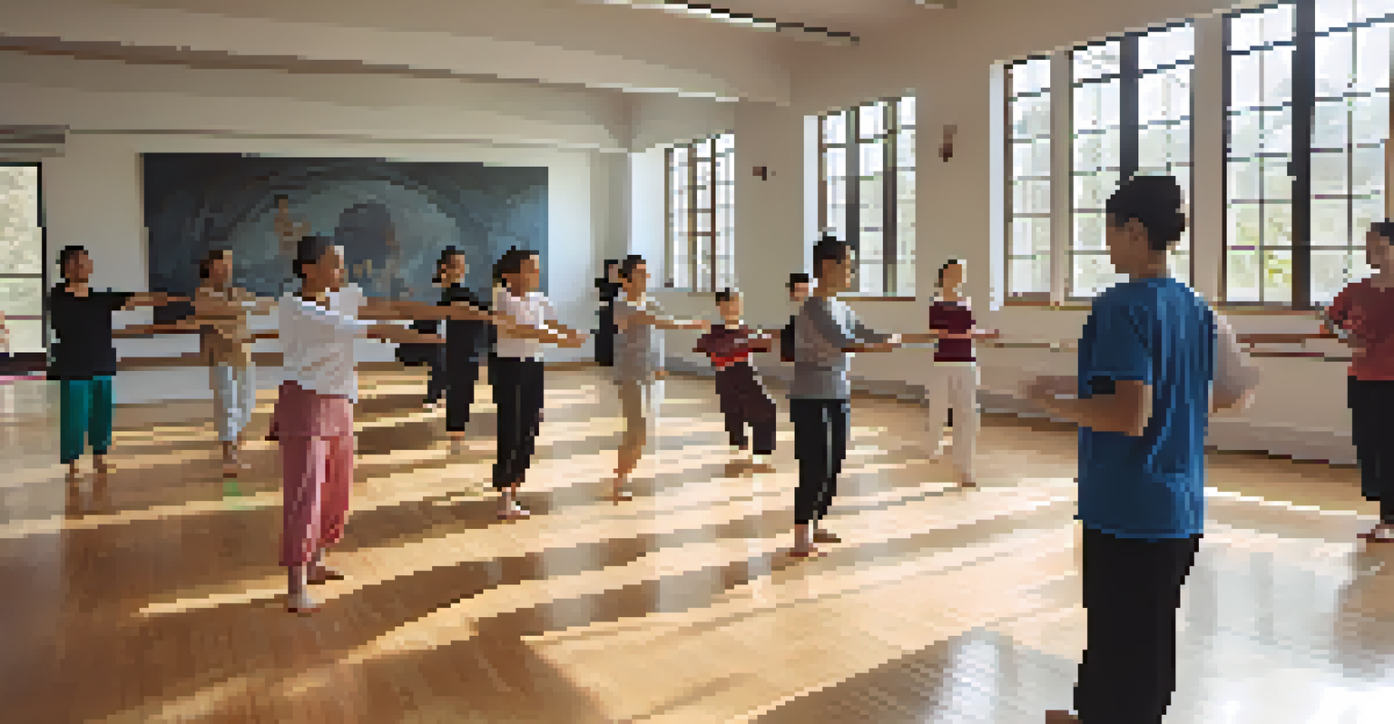 A diverse group of individuals practicing Tai Chi in a well-lit community center, with an instructor leading the class.