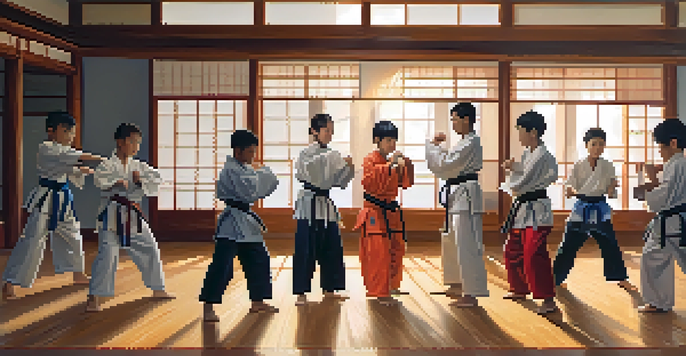 A diverse group of young people practicing martial arts in a dojo, with colorful uniforms and bright sunlight filtering through the windows.