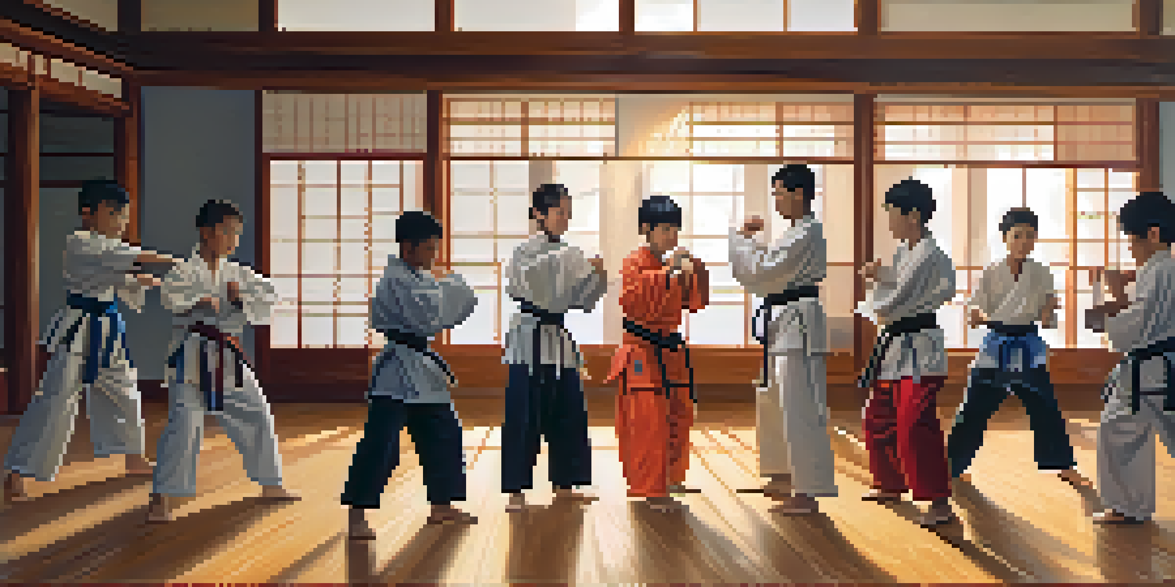 A diverse group of young people practicing martial arts in a dojo, with colorful uniforms and bright sunlight filtering through the windows.