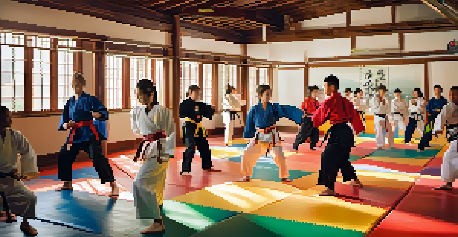 A lively martial arts class with diverse students practicing techniques in a brightly lit dojo, showcasing determination and teamwork.