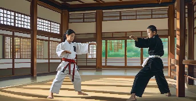 A mentor teaches a young girl karate in a traditional dojo with wooden floors and soft sunlight.