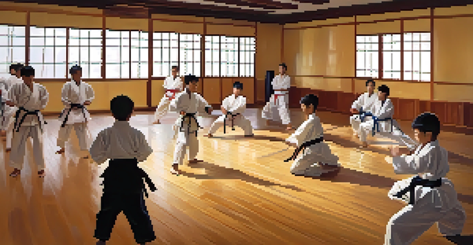 A diverse group of young martial artists in a dojo, practicing techniques with focused expressions.