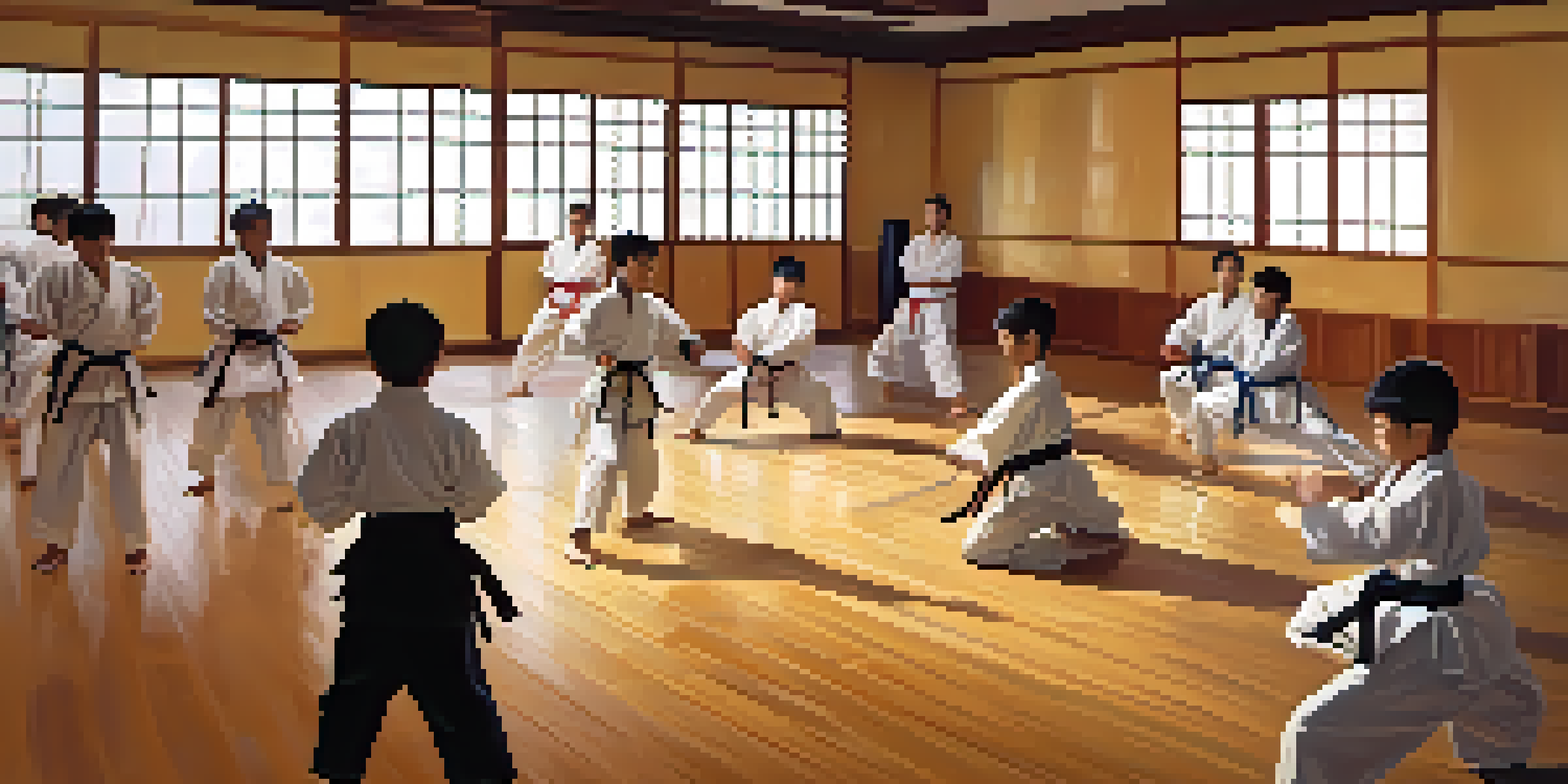 A diverse group of young martial artists in a dojo, practicing techniques with focused expressions.