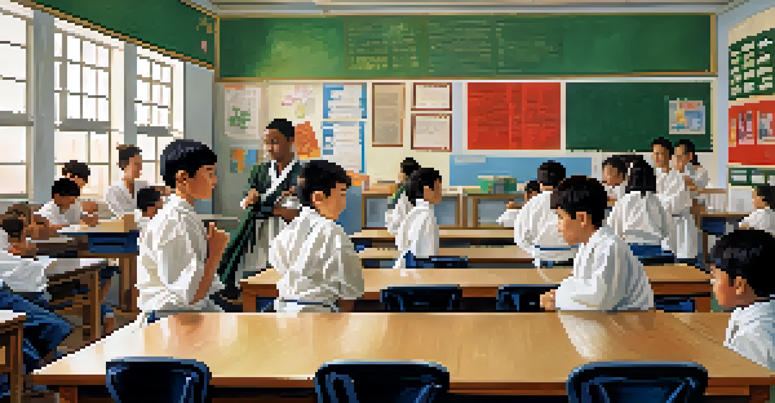 Students actively discussing in a classroom, with a martial arts belt on the desk, reflecting teamwork and engagement.