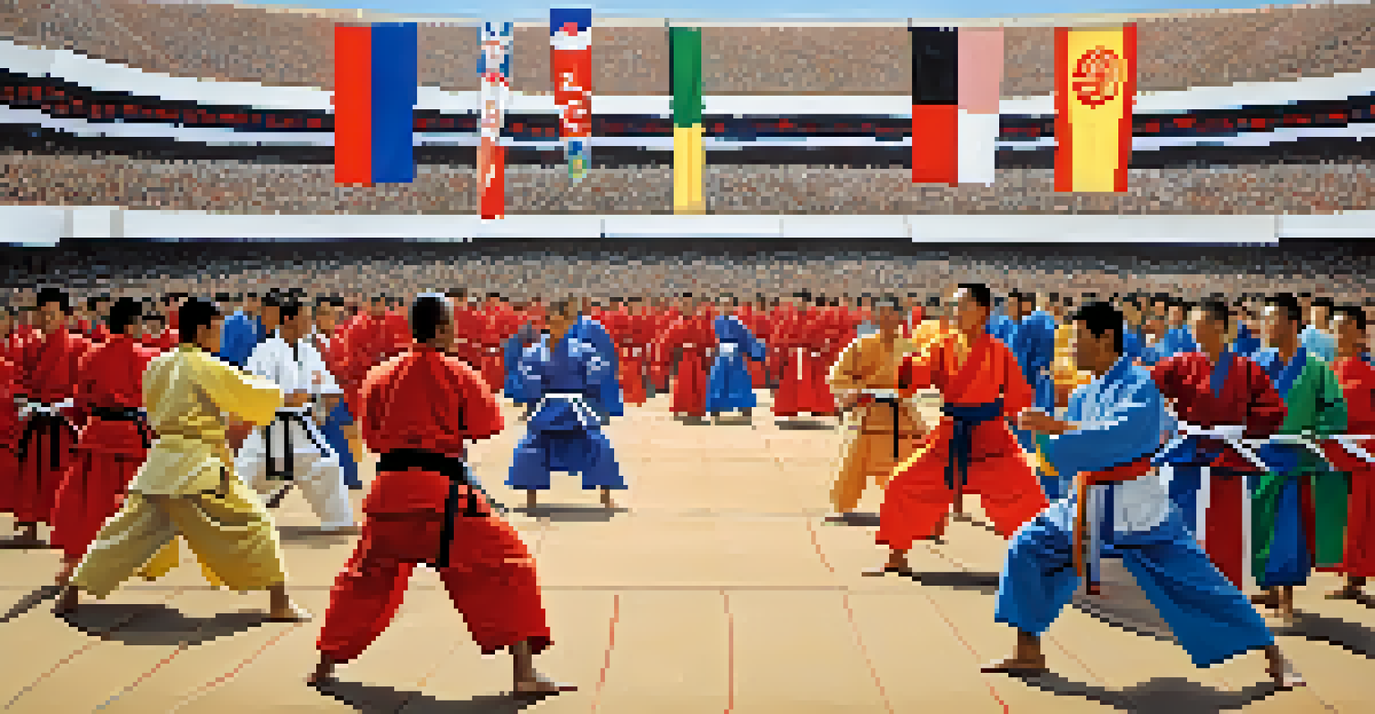 Participants in traditional martial arts attire performing in an international competition, with a lively crowd and flags from different countries in the background.