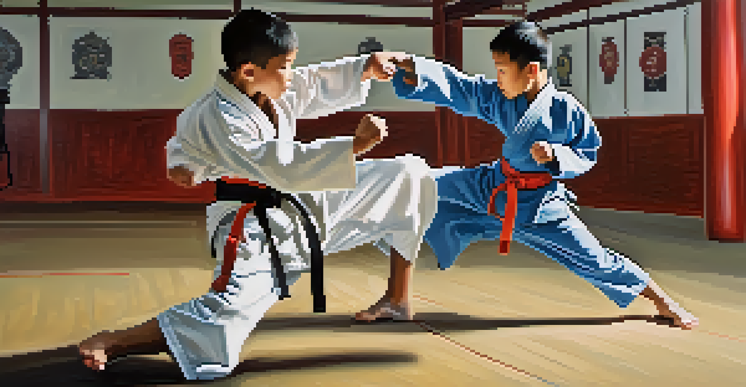 Two young martial artists sparring energetically in a dojo, demonstrating focus and athletic ability.