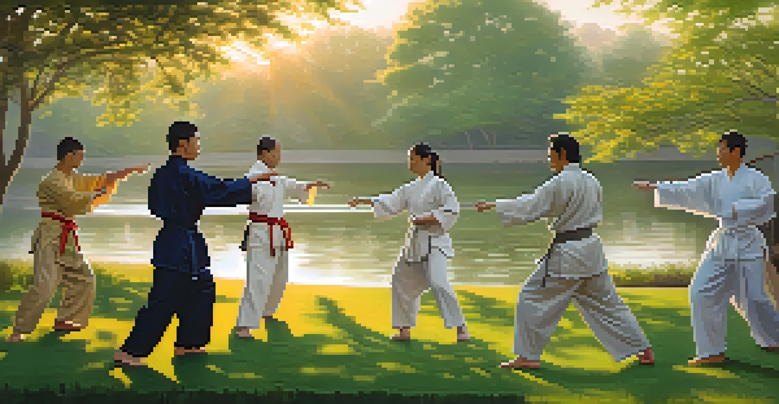 A diverse group of martial artists practicing Tai Chi in a park at sunrise, surrounded by lush greenery.
