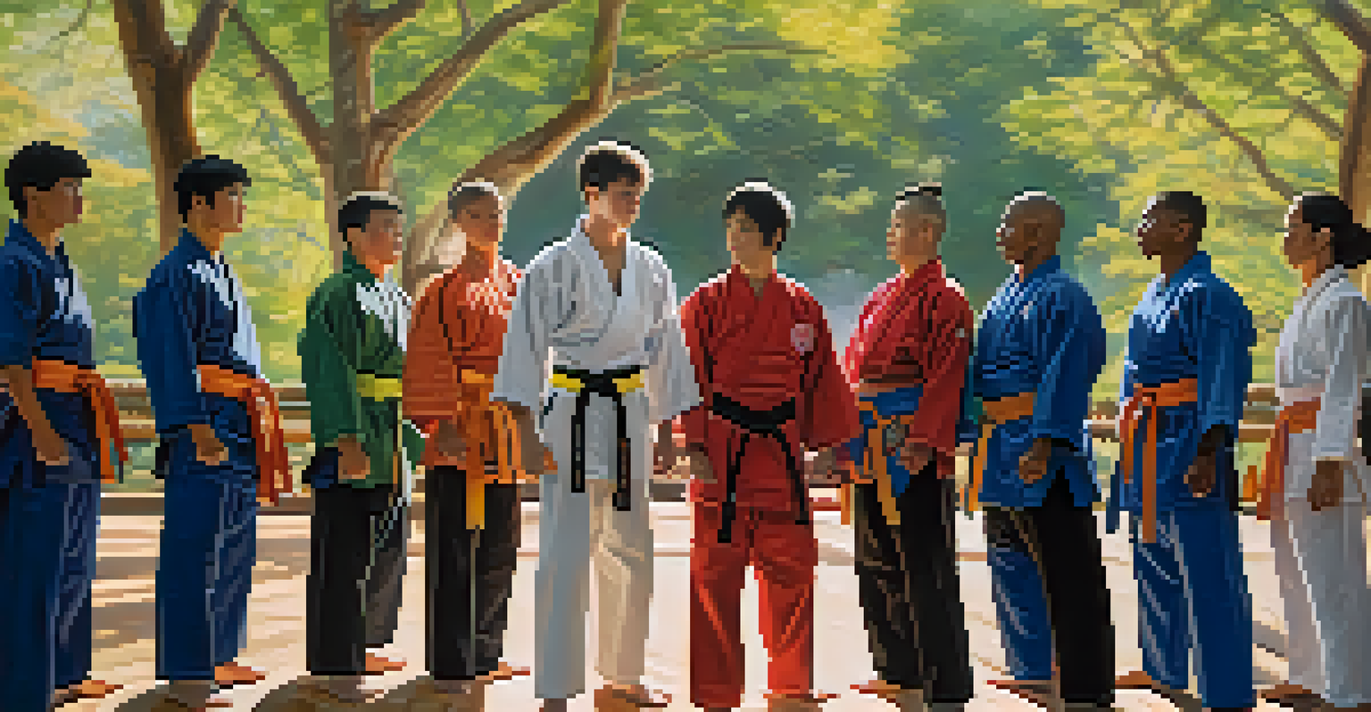 A close-up of diverse martial artists in a supportive circle, representing unity and encouragement.
