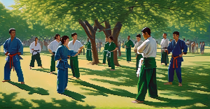 A diverse group of individuals practicing self-defense techniques in a sunny park, surrounded by trees and grass.