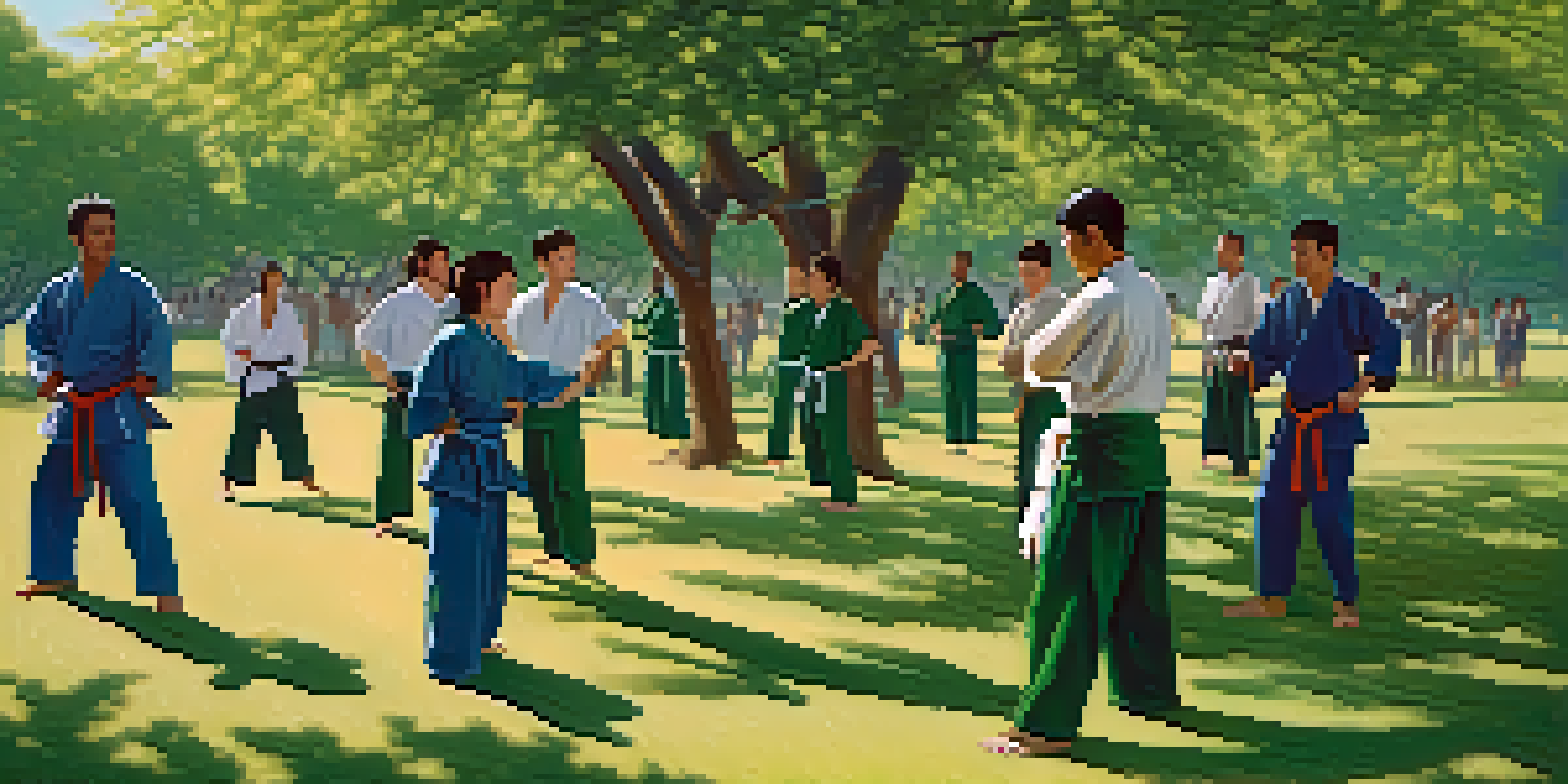 A diverse group of individuals practicing self-defense techniques in a sunny park, surrounded by trees and grass.