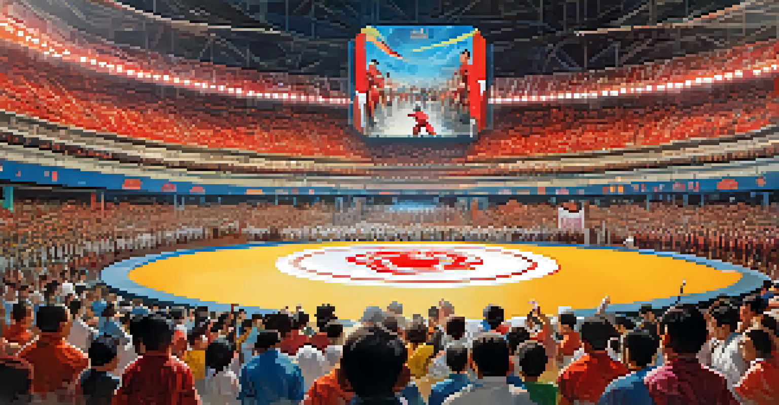 Martial artists competing in a lively arena during a global competition, showcasing their skills in front of an enthusiastic audience.