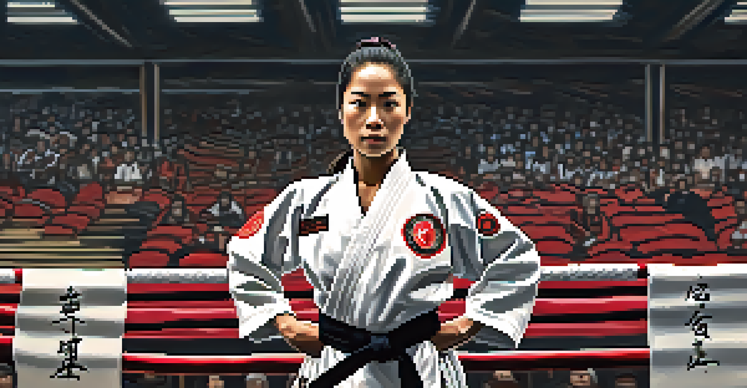 A confident female martial artist in a black belt and red and white gi, standing in a traditional martial arts arena with a strong expression.