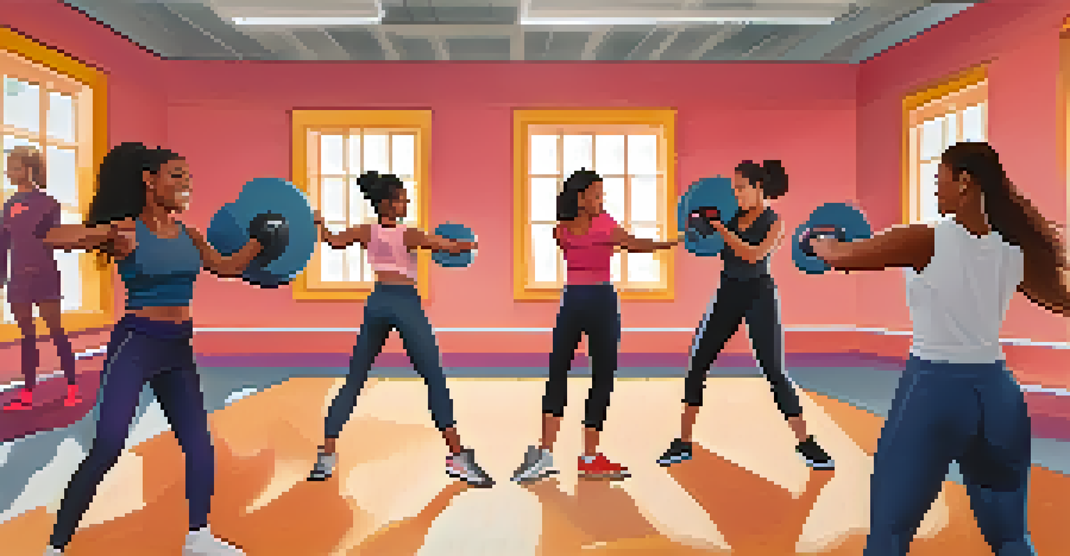 A group of women in a community center self-defense class, practicing techniques together and supporting each other with smiles.