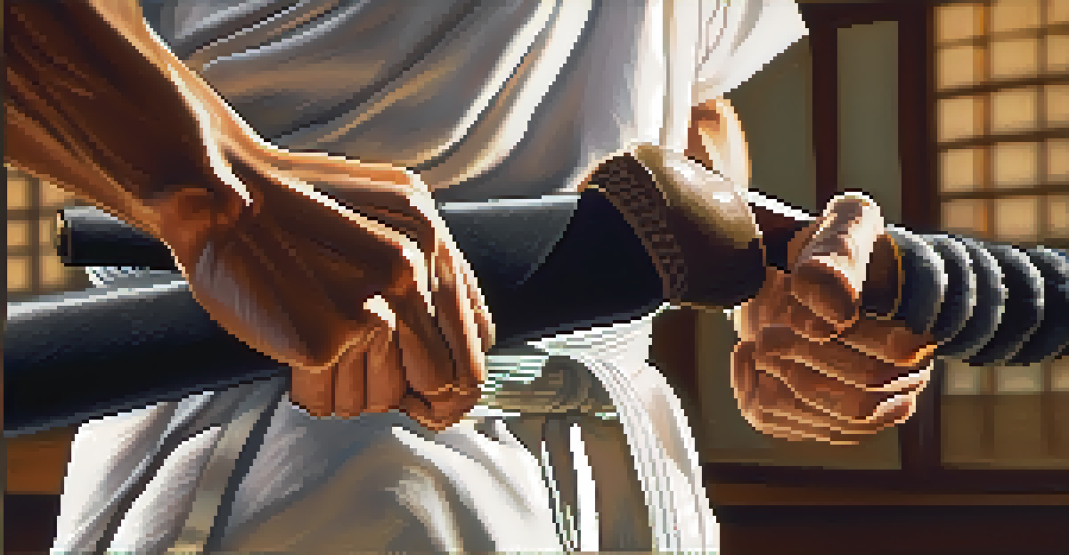 A close-up of a martial artist's hands gripping a training weapon, emphasizing strength and focus.