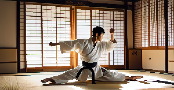 A martial artist performing a high kick in a traditional dojo with sunlight streaming through shoji screens.