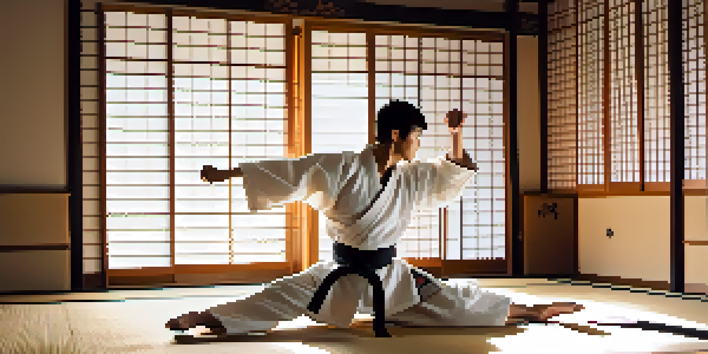 A martial artist performing a high kick in a traditional dojo with sunlight streaming through shoji screens.