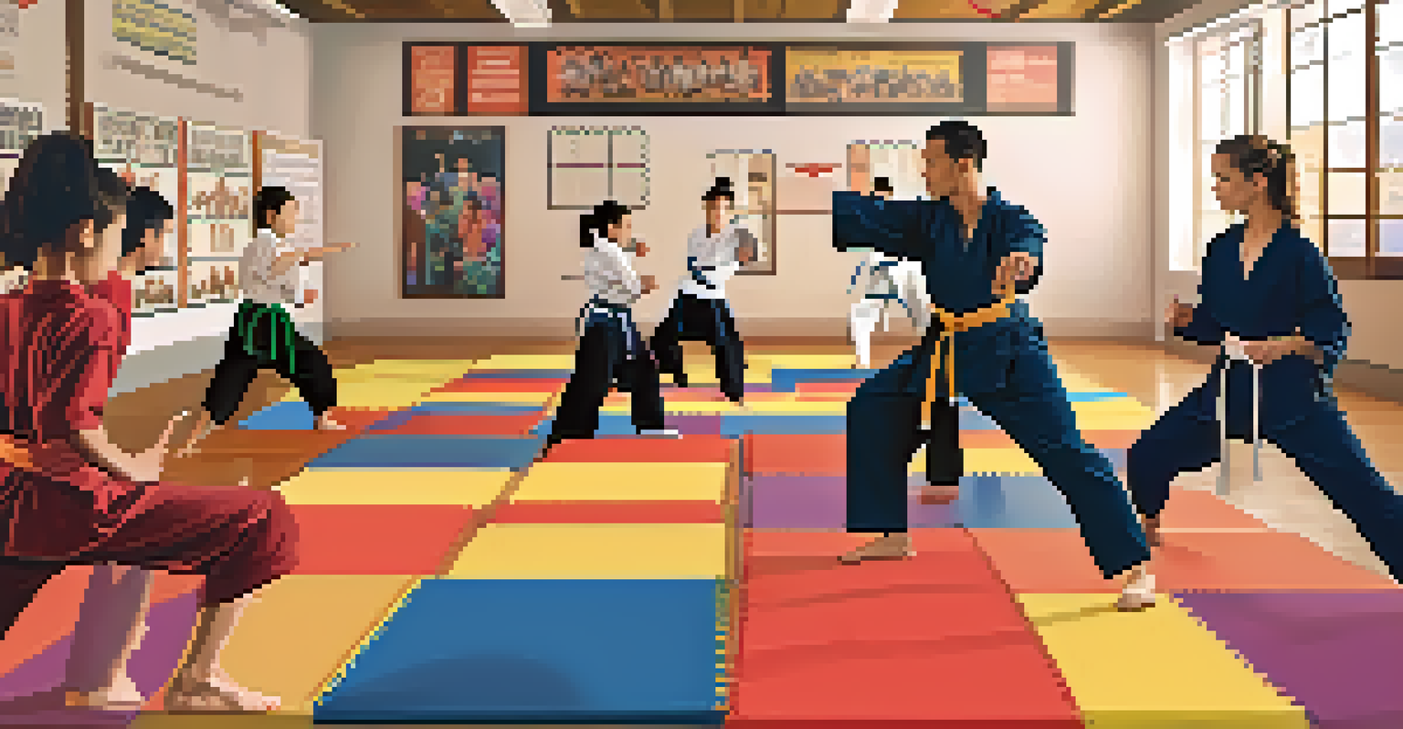 A martial arts instructor demonstrating warm-up exercises to students, focusing on proper form with colorful mats and motivational safety posters in the background.