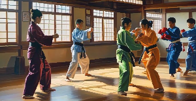 A diverse group of adults practicing martial arts in a bright dojo, demonstrating various techniques.