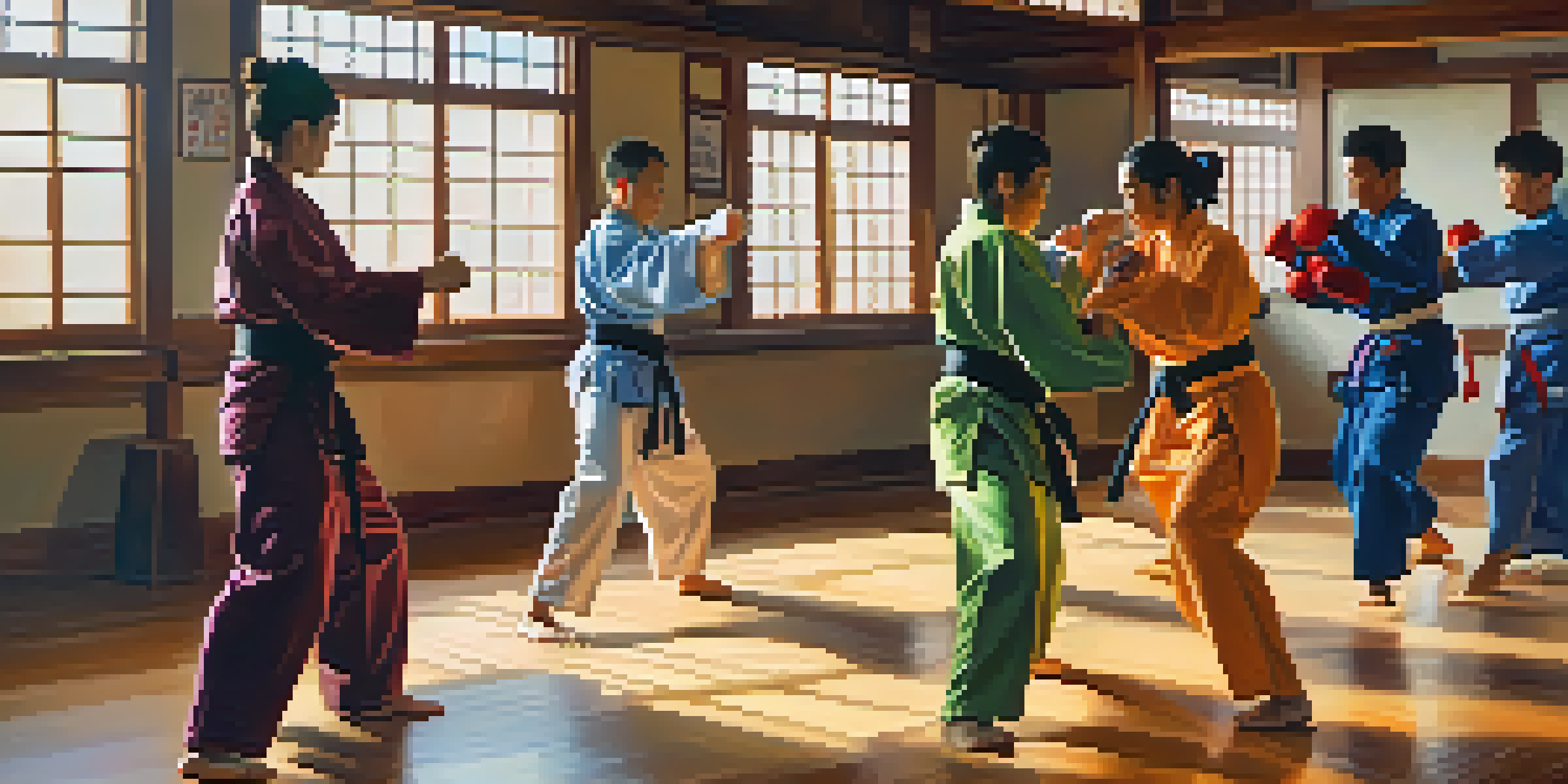 A diverse group of adults practicing martial arts in a bright dojo, demonstrating various techniques.