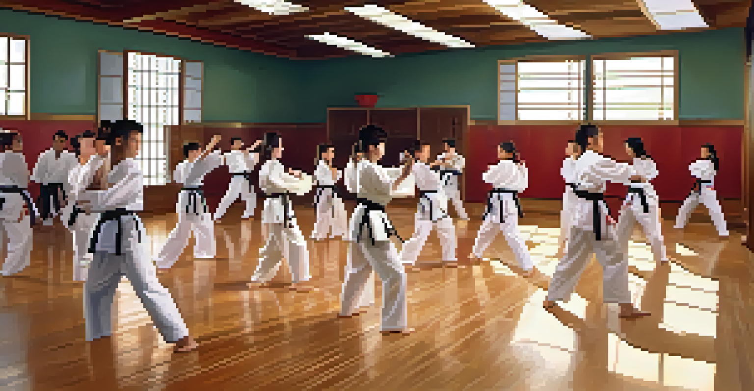 A karate class in a dojo with students practicing techniques, illuminated by sunlight, showcasing energy and community.