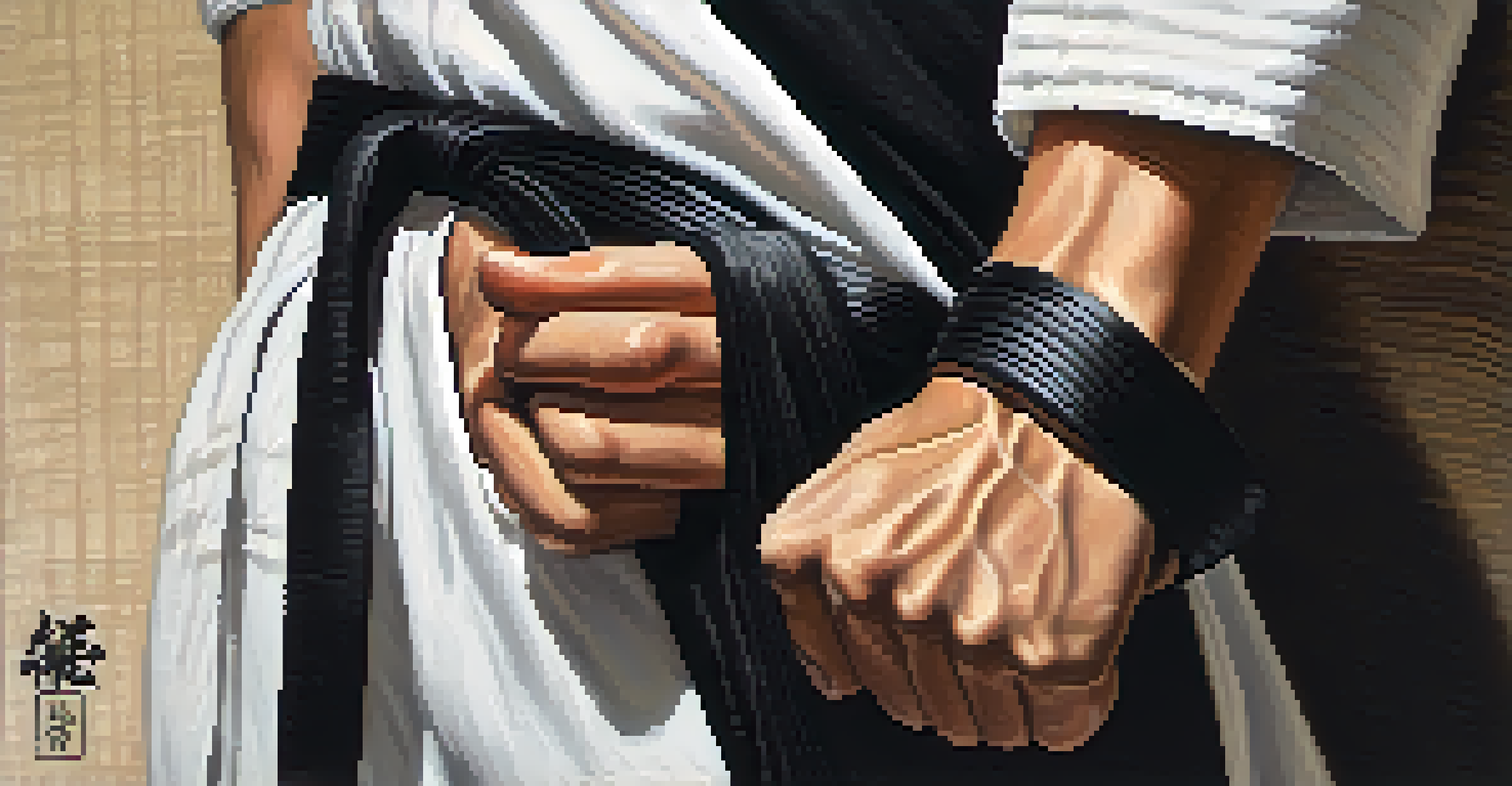 Close-up of a martial artist's hands gripping a black belt, highlighting the textures and training wear.