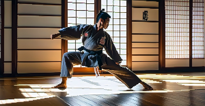 A martial artist executing a high kick in a bright dojo, emphasizing strength and technique.