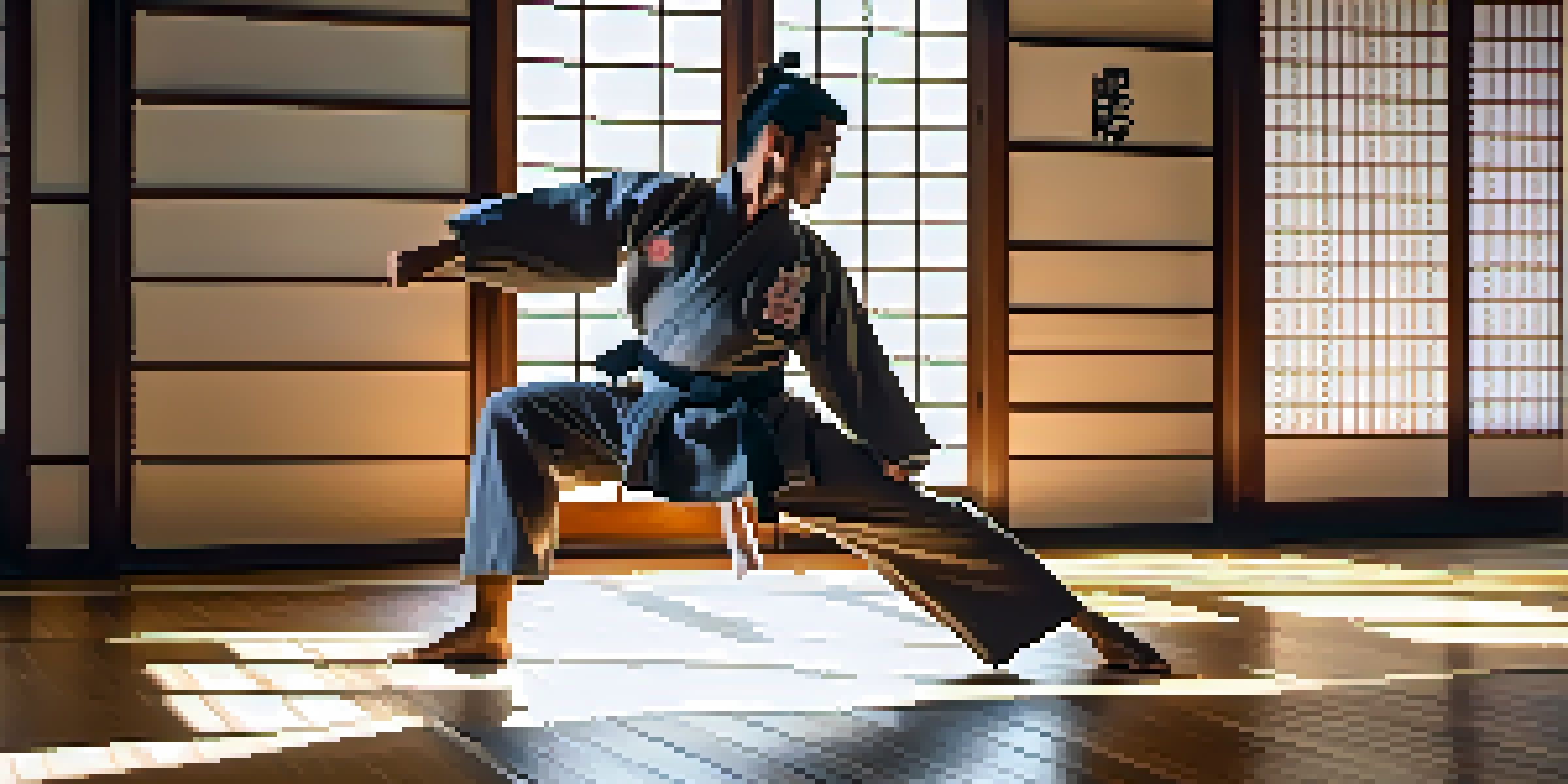 A martial artist executing a high kick in a bright dojo, emphasizing strength and technique.