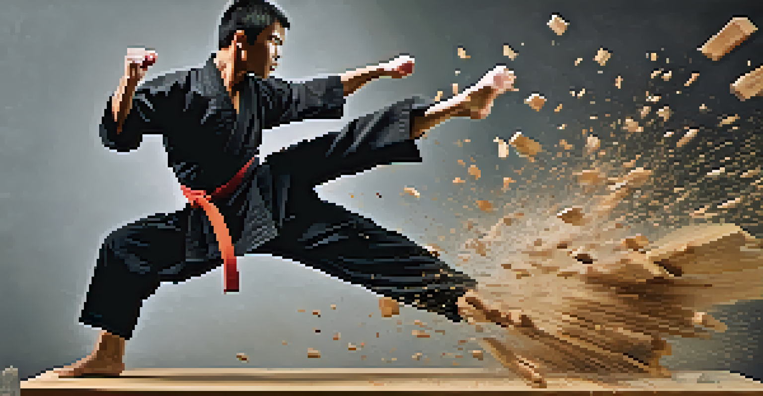 A martial artist breaking a wooden board with a kick, showcasing focus and strength.