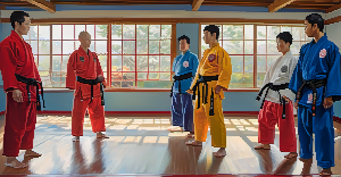 A diverse group of martial arts practitioners in a dojo, demonstrating unity and support while practicing martial arts.