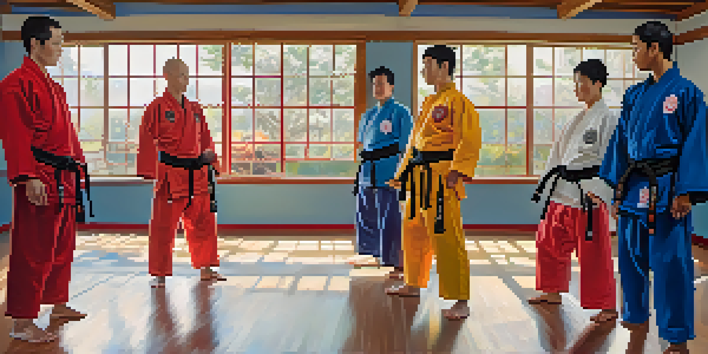 A diverse group of martial arts practitioners in a dojo, demonstrating unity and support while practicing martial arts.