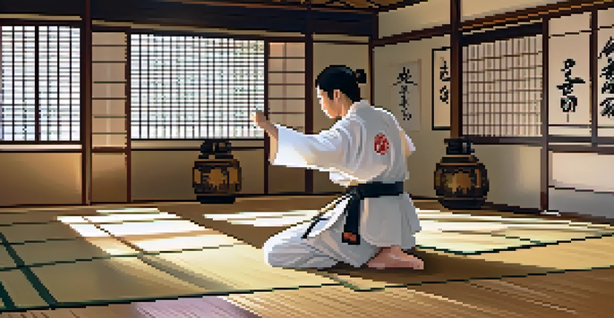 A practitioner in a traditional martial arts gi practicing kata in a serene dojo with wooden floors and soft morning light.