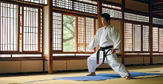 A martial artist practicing in a peaceful dojo with soft morning light, wooden floors, and a serene garden visible through the window.