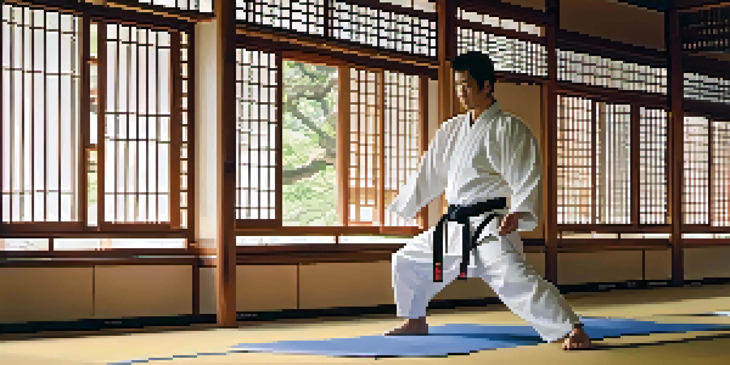 A martial artist practicing in a peaceful dojo with soft morning light, wooden floors, and a serene garden visible through the window.