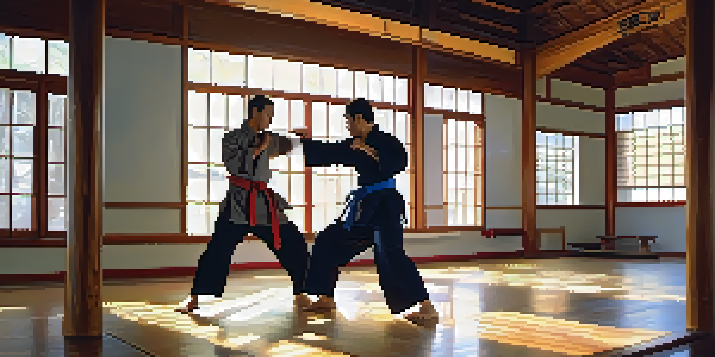 Two martial artists sparring in a dojo, demonstrating techniques with sunlight illuminating their focused expressions.