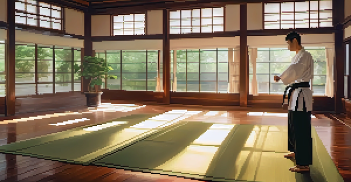 A martial artist training in a sunlit dojo, with soft sunlight filtering through windows and motivational quotes on the walls.