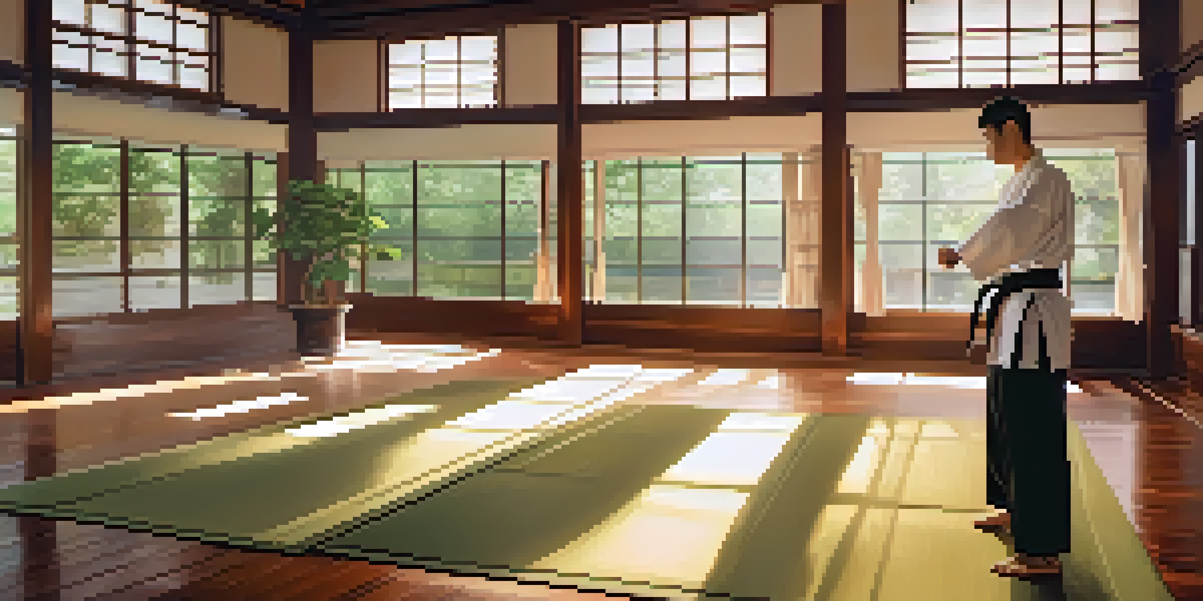A martial artist training in a sunlit dojo, with soft sunlight filtering through windows and motivational quotes on the walls.
